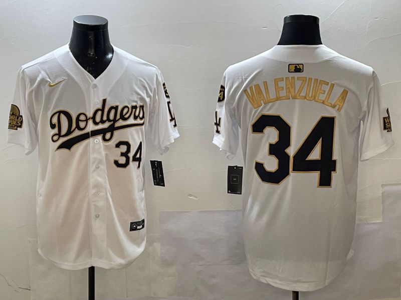 Men Los Angeles Dodgers 34 Valenzuela White gold Fashion 2025 Nike MLB Jersey style 1